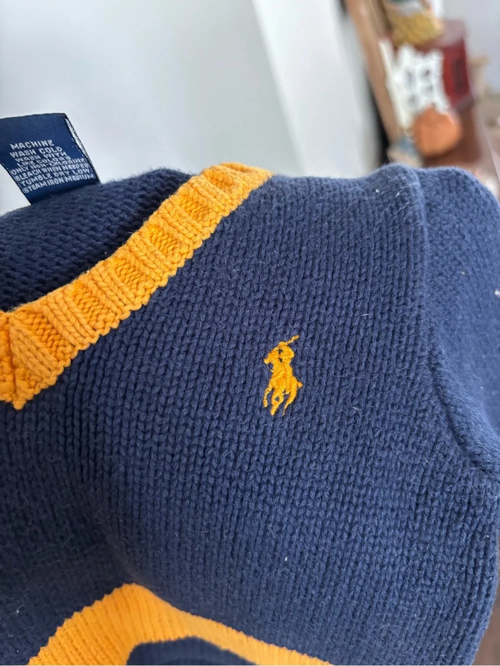 Ralph Lauren Navy & Yellow Striped V-Neck Sweater - Kids